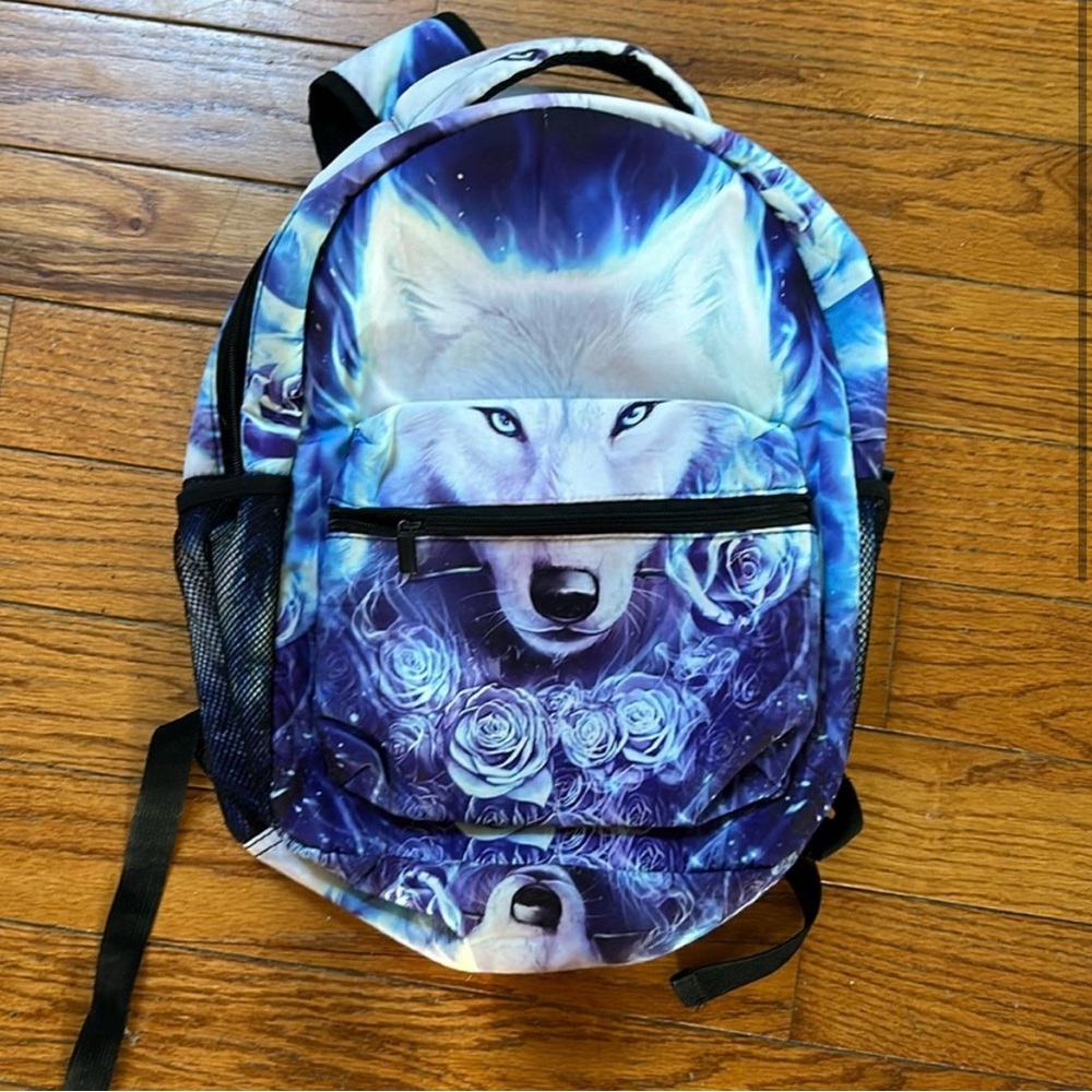 16 inch backpack Fantasy Blue Roses Wolf Backpack
